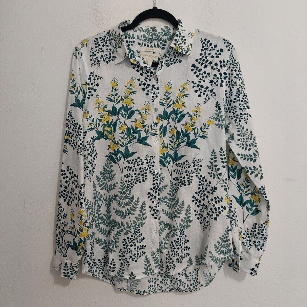 Cynthia Rowley White Green Yellow Floral Leaf 100% Linen Button Down Shirt Top M